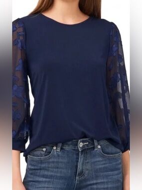 NWT CeCe Navy Floral Sheer Sleeve Blouse Sz M